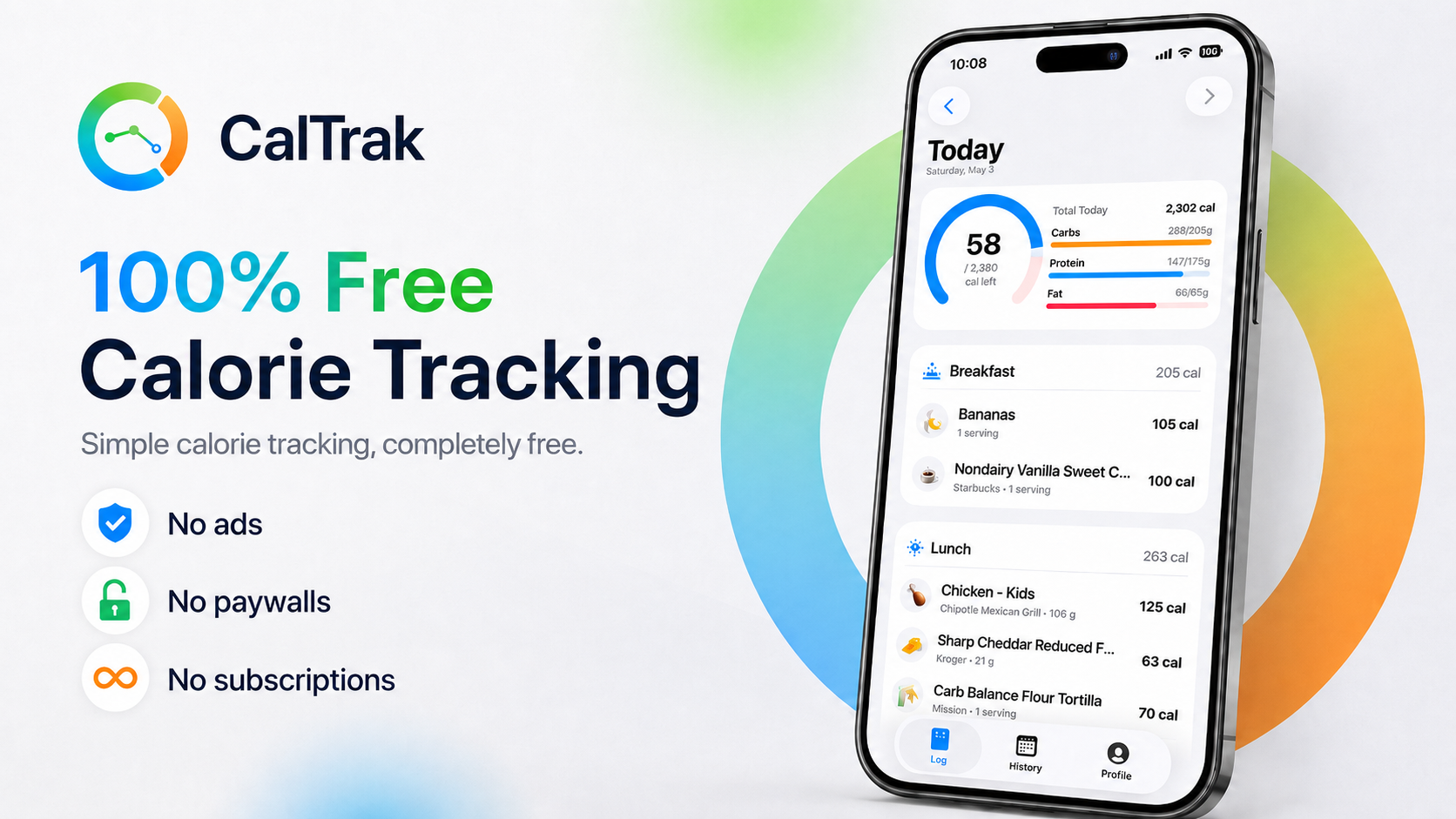 CalTrak on iPhone showing today's calories, macro rings, and a list of logged meals
